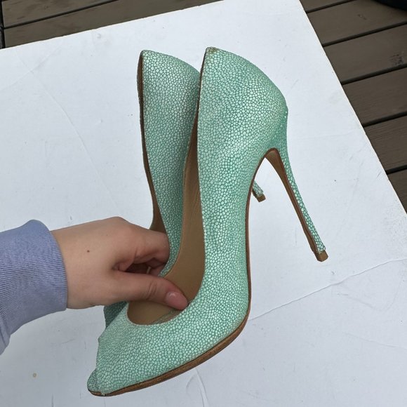 Sergio Rossi Peep Toe Pumps Crackled Leather Upper Sz 39 in Aquamarine Stiletto - Picture 5 of 11